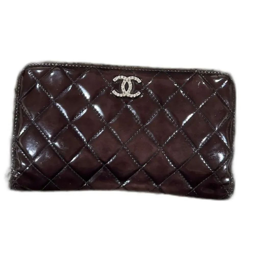 Chanel Deep Burgundy Quilted Patent Leather CC Zip Around Wallet Organizer